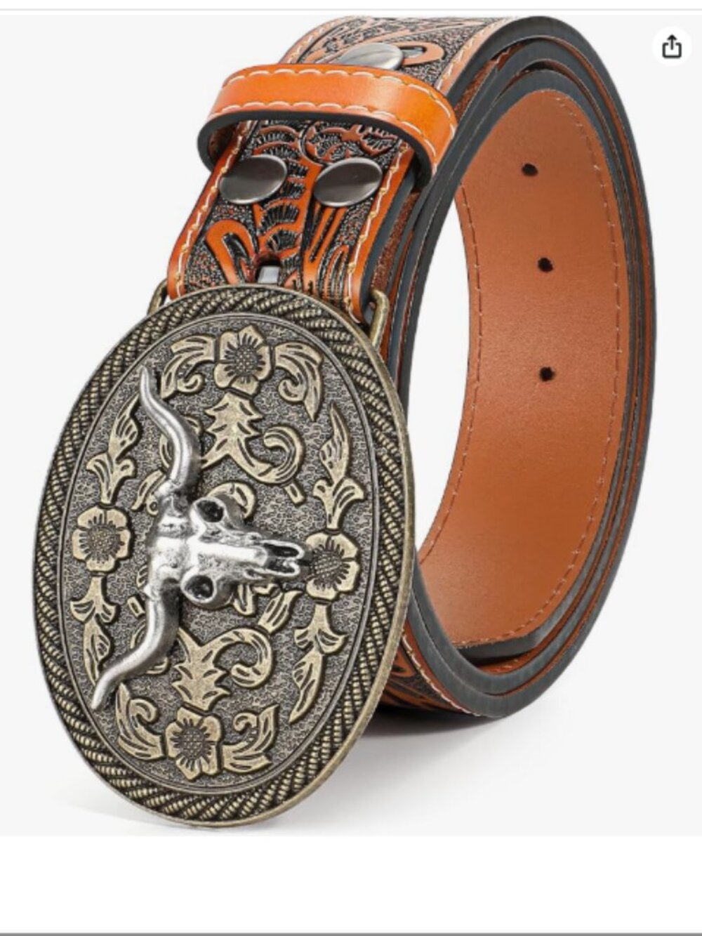 Western Bull Buckle Leather Belt Floral Engraved for Jeans